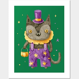 Watercolor Halloween Cat Posters and Art